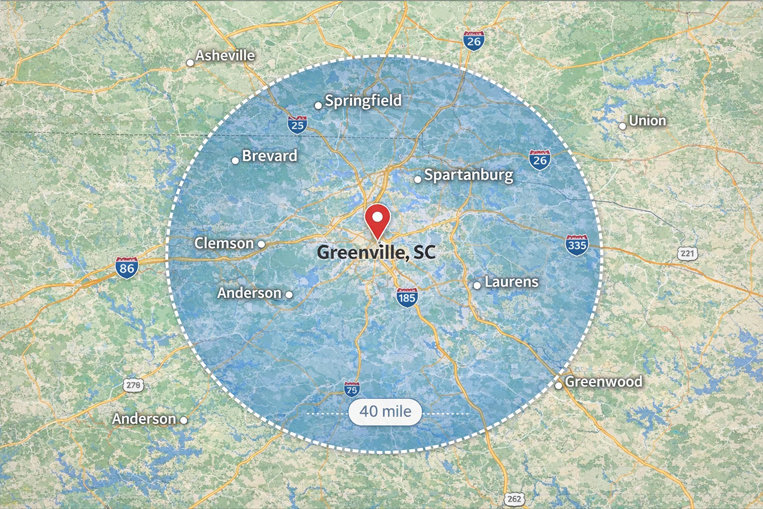 40 mile service area around Greenville South Carolina